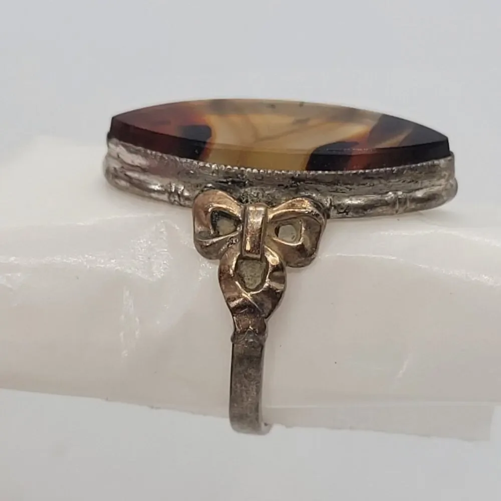 Vintage Banded Agate Ring 10K Gold Sterling Silver Marquise Statement